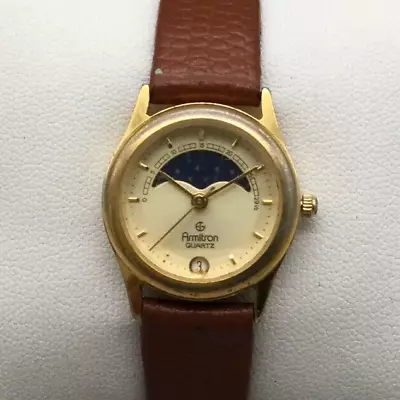 Vintage Armitron Moon Phase Watch Women 23mm Gold Tone Date Leather New Battery • $31.49