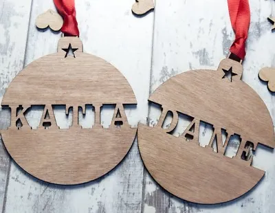 Personalised Christmas Tree Decoration Baby's First Xmas Bauble Wood Santa 2pcs • £3.99