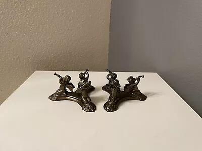 Vintage Brass Stand Candle Holder Cherubs Angels Playing The Horn Pair 5” • $42.99