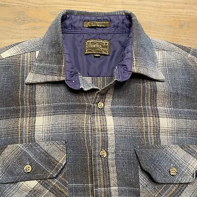 $17.95 • Buy VTG Country Squire Flannel Ranch Shirt Mens L Poly Linen Wool Blue & Gray Plaid