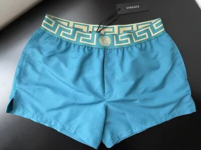 NWT Versace Mens Greca Border Swim Trunks Shorts Teal Blue Green Size 4 Small • $189.99