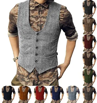 Formal U-Neck Mens Hunting Vests Tweed Waistcoat Herringbone Groom Vintage Retro • $49.49