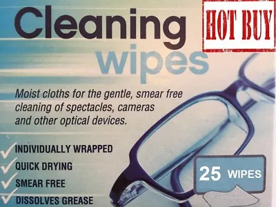 £2.69 • Buy 25 Optical Lens Smear Free Pre Moist Cleaning Wipes Spectacle Glass Cleaners UK