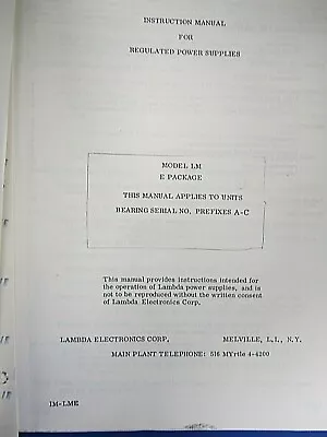 Lambda Model LM E Package Regulated Power Supplies Instruction Manual IM-LME • $20