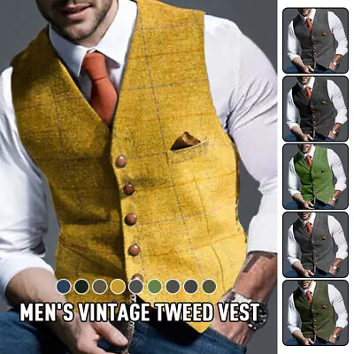 Men Retro Tweed Waistcoat Vest Wool Blend Formal Plaid Herringbone Slim Casual • $26.65