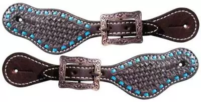 Showman Youth Leather Spur Straps W/ Basket Weave Tooling & Turquoise Buckstitch • $25.95