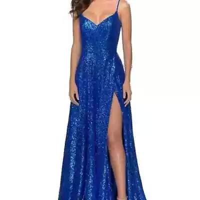 New La Femme Sequins V-Neck High Slit Gown In Blue Size 4 • $115