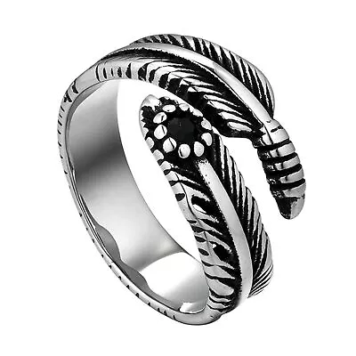 Men's Vintage Cast Feather Black Stone Stainless Steel Ring Band Size 7-13 Gift • $10.99