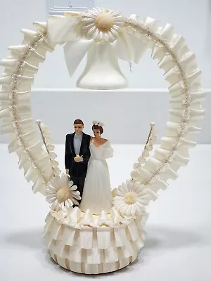 Vintage Bride & Groom Wedding Cake Topper Bell Tulle Linen White Shasta Daisy 9  • $65