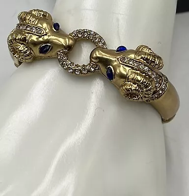 J. Crew Signed Gold Pave Crystal Double Ram Bracelet Hinge Cuff Bangle Blue Eyes • $45