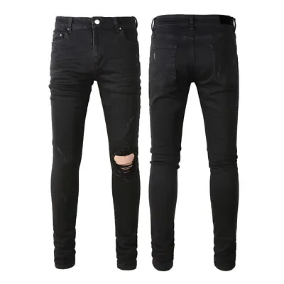 Men's Stretch Denim Skinny Fit Jeans With Ripped Holes Fringe And Aged Details • $58.25