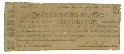 1862 25 Cents County Of Botetonrt VIRGINIA Note - CIVIL WAR Era Banknotes • $189.99