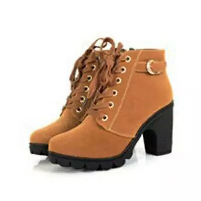 Women's Round Toe Ankle Boots Block High Heels Zipper Lace Up Short Boot • $38.80