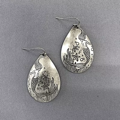 Silver Finished Sea Mermaid Design Engraved Teardrop Shape Drop Dangle Earrings • $9.99