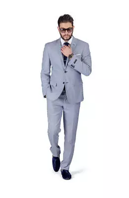 Silver Blue Slim Fit Men Suit Micro Textured Weave 2 Button Notch Collar Azar  • $119