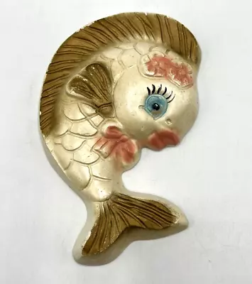 Vintage Anthropomorphic Chalkware Sweetheart Fish Wall Plaque MCM Gold Pink READ • $19.99