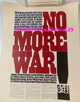 1967 Avant-Garde Magazine No More War Art Contest Antiwar Vietnam 19 X 25 Poster • $450