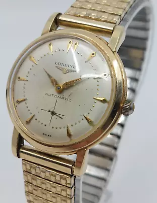 ORIGINAL VINTAGE 1952 LONGINES AUTOMATIC FANCY LUGS 34mm GOLD FILLED WATCH 22A • $419.95