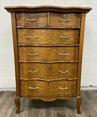 Antique Tiger Oak Serpentine Front Chest Of Drawers Highboy Dresser Bureau • $899