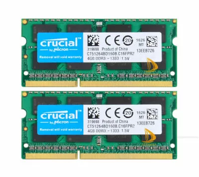 8GB Crucial 2x 4GB DDR3 1333MHz PC3-10600 SODIMM RAM F IMac 27in Mid-2011 A1312 • £11.99