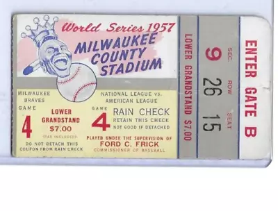 1957 Milwaukee Braves Baseball Game 4 World Series Ticket Stub Aaron 2 HRs • $202.99