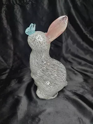 Murano Style Art Glass White Bunny Rabbit 8  With Butterfly Sculpture EUC • $26.95