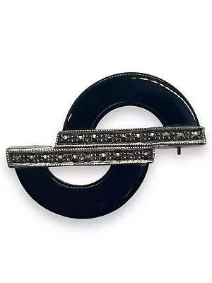 Art Deco Brooch Pin Black Onyx Marcasite Silver Vintage Old Clasp Retro • $79.99