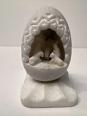White Carved Stone Egg With Nativity Scene Tableau Inside Candle Holder 4” Tall • $42