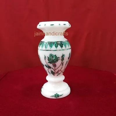 9  White Marble Flower Vase Pot Semi Precious Gemstone Green Malachite Inlay • $585