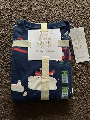 BNWT M&S Baby Boys 12-18 Months Blue Multi Christmas Pyjamas  • £6.99