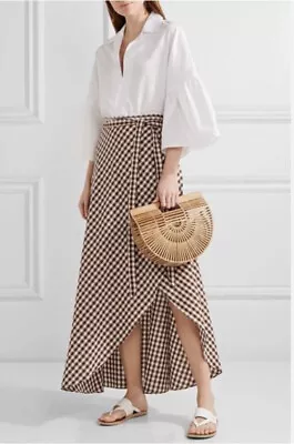 MIGUELINA Women’s Gingham Brown & White High Rise Cotton Wrap Maxi Skirt Size L • $125