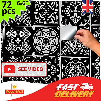 72 Tile Stickers Bathroom Tile Stickers 15x15 Cm Black Tile Sticker Kitchen 6x 6 • £2.99