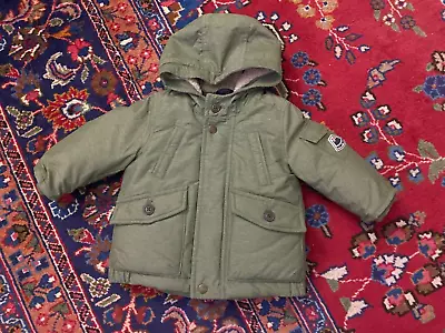 BABY GAP Army Green Hooded Coat Pockets Zipper & Snaps  12-18 Mos. • $13.99