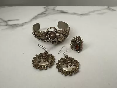 Vintage Mexican Silver Mixed Metal Brutalist Jewelry 925 Earrings Cuff Ring • $175