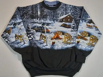Adult Large Vtg 90s Art Unlimited Winter Cabin Scene Snowmobiles Deer Sweatshirt • $49.95