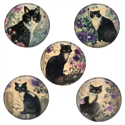 SET OF 5 Tuxedo Cat Magnets Flower Garden Vintage Art Prints Button Style 1.25  • $12.71