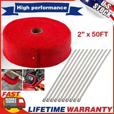 2  X 50FT Exhaust Header Fiberglass Heat Wrap Tape Red With 10 Steel Ties Kit US • $16.75