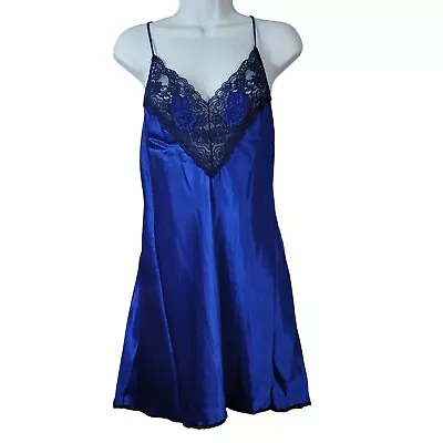 VTG Val Mode Chemise Slip Lingerie Blue Medium Black Lace Trim Nightie USA Satin • $23.20