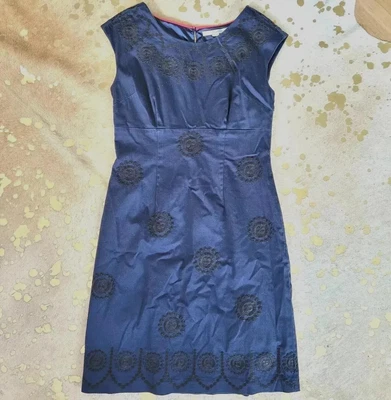 £12.95 • Buy Ladies Uk10 BODEN Dress Vgc Navy Blue Cotton Sleeveless Lined Embroidery Holiday
