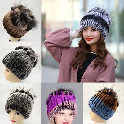 Rex Rabbit Fur Hat Women Winter Warm Knitted Beanie Hat Fluffy Outdoor Ski Cap • $15.54