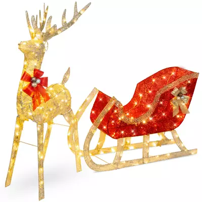 Lighted Christmas 4Ft Reindeer & Sleigh Outdoor Yard Decoration Set W/ 205 LED L • $129.64