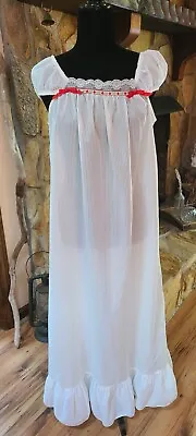 Vintage White Semisheer Long Cap Sleeve Nightgown Sz 5 Red Ribbon Bow Trim • $19.99