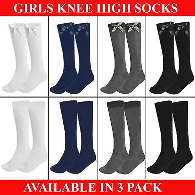 £3.99 • Buy Ladies Girls Knee High Socks Long Plain Cotton School Uniform Bow 3 Pairs