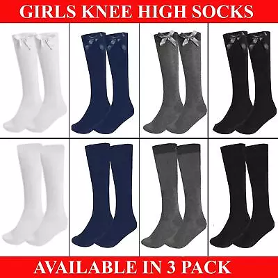 Ladies Girls Knee High Socks Long Plain Cotton School Uniform Bow 3 Pairs • £3.99