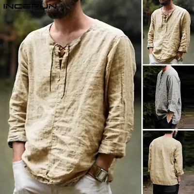 Mens Long Sleeve Retro Medieval Pirate Shirt Bandage Lace Up Casual Blouse Tops • $20.89