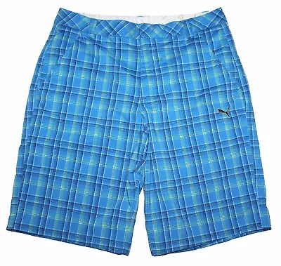 PUMA Blue Plaid Tech Blue Yellow Polyester Golf Shorts 563776 Mens Size 32 • $23.99