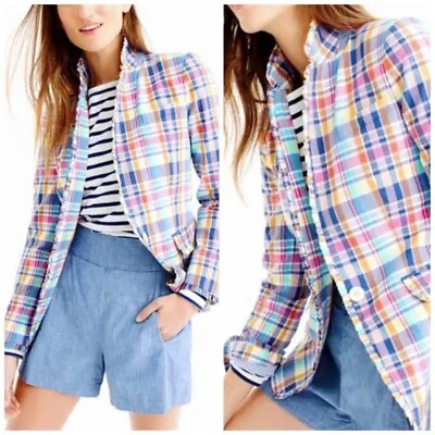 J. Crew Regent Madras Plaid Pastel Ruffle Blazer 8 • $95