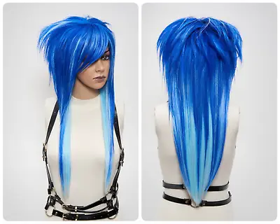 Blue Spiky Mullet Emo Cosplay Wig Bangs Fringe Long Full Density Trendy Styled • $186.77