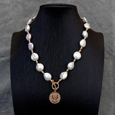 19  Freshwater White Coin Pearl Necklace Charm Pendant For Women Fashion Jewelry • $28.98