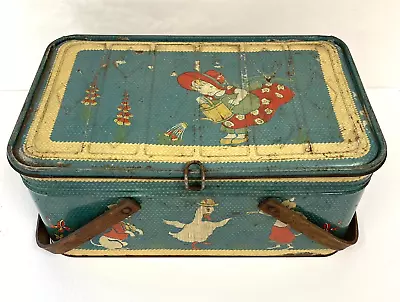 1940’s Tin Lithograph Blue Picnic Basket A5-05 • $145